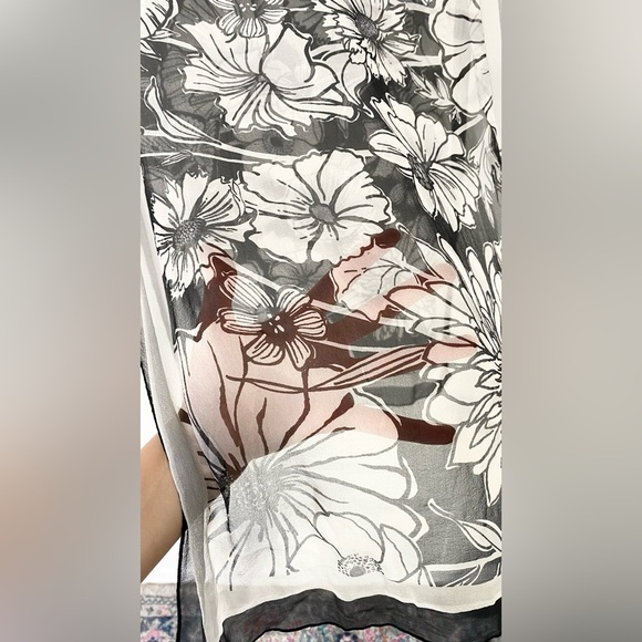 Brighton Black White 100% Silk Scarf Flower Butterfly Rectangle Sheer 64” X 19” - Picture 2 of 8